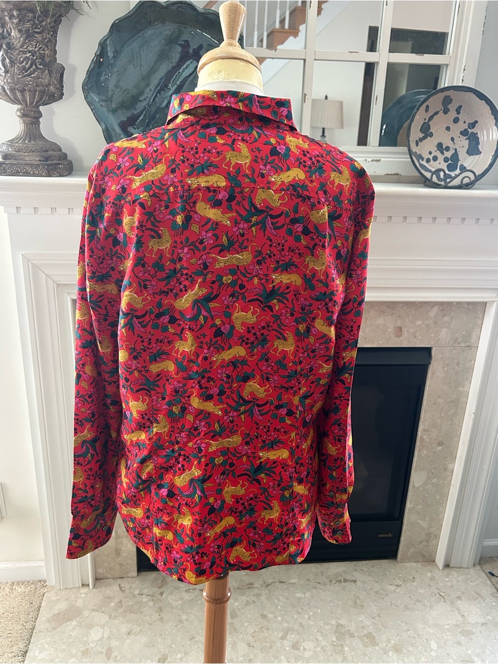 J. Crew Red Multicolor Jungle Cat Floral Silk-Twill Shirt - Picture 8 of 11
